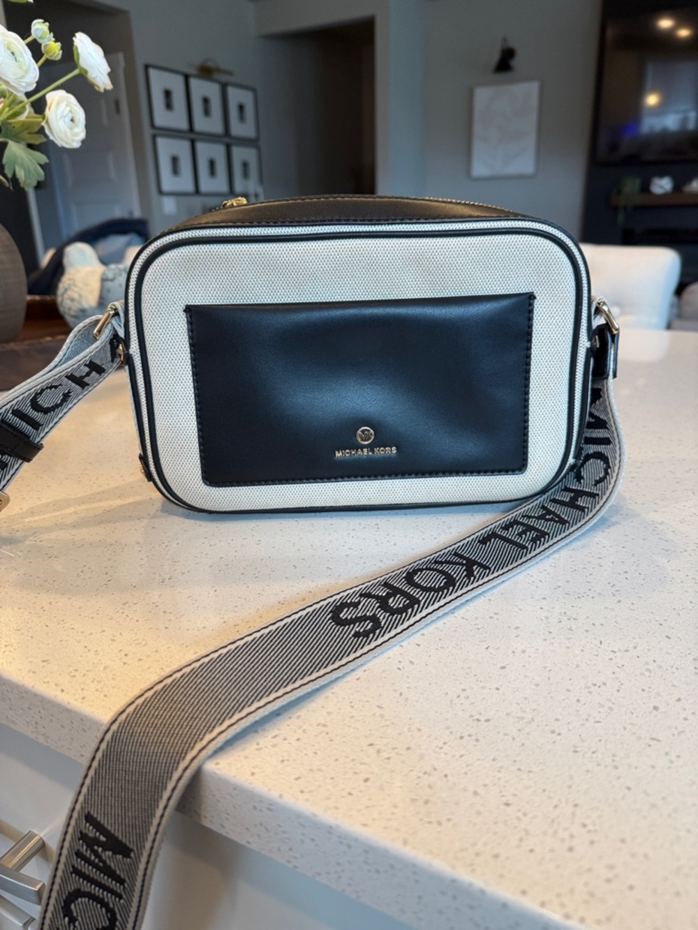 Michael Kors Black & Ivory Canvas Crossbody Camera Bag with Logo Strap